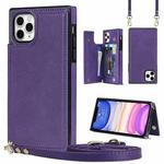 For iPhone 11 Pro Max Cross-body Square Double Buckle Flip Card Bag TPU+PU Case with Card Slots & Wallet & Photo & Strap (Purple)