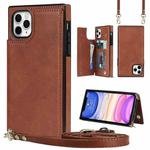 For iPhone 11 Pro Max Cross-body Square Double Buckle Flip Card Bag TPU+PU Case with Card Slots & Wallet & Photo & Strap (Brown)