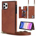 For iPhone 12 Pro Max Cross-body Square Double Buckle Flip Card Bag TPU+PU Case with Card Slots & Wallet & Photo & Strap(Brown)