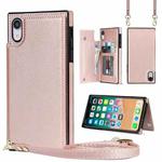 For iPhone XR Cross-body Square Double Buckle Flip Card Bag TPU+PU Case with Card Slots & Wallet & Photo & Strap(Rose Gold)