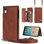 For iPhone XR Cross-body Square Double Buckle Flip Card Bag TPU+PU Case with Card Slots & Wallet & Photo & Strap(Brown)