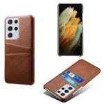 For Samsung Galaxy S21 Ultra 5G Calf Texture PC + PU Leather Back Cover Shockproof Case with Dual Card Slots(Brown)