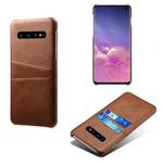 For Samsung Galaxy S10 Calf Texture PC + PU Leather Back Cover Shockproof Case with Dual Card Slots(Brown)