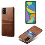 For Samsung Galaxy F52 5G Calf Texture PC + PU Leather Back Cover Shockproof Case with Dual Card Slots(Brown)