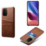 For Xiaomi Redmi K40 Calf Texture PC + PU Leather Back Cover Shockproof Case with Dual Card Slots(Brown)