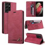 For Samsung Galaxy S21 Ultra 5G Skin Feel Anti-theft Brush Horizontal Flip Leather Case with Holder & Card Slots & Wallet(Wine Red)