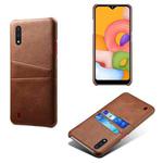 For Samsung Galaxy A01 Calf Texture PC + PU Leather Back Cover Shockproof Case with Dual Card Slots(Brown)