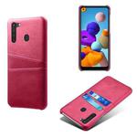 For Samsung Galaxy A21 Calf Texture PC + PU Leather Back Cover Shockproof Case with Dual Card Slots(Rose Red)