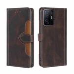 For Xiaomi Mi 11T Skin Feel Straw Hat Magnetic Buckle Horizontal Flip PU Leather Case with Holder & Card Slots & Wallet(Brown)