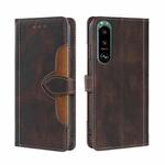 For Sony Xperia 5 III Skin Feel Straw Hat Magnetic Buckle Horizontal Flip PU Leather Case with Holder & Card Slots & Wallet(Brown)