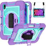 For iPad mini 6 360 Degree Rotation Contrast Color Shockproof Silicone + PC Tablet Case with Holder & Hand Grip Strap & Shoulder Strap(Purple+Mint Green)