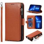 For iPhone 13 Pro Microfiber Zipper Horizontal Flip Leather Case with Holder & Card Slots & Wallet (Brown)