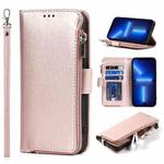 For iPhone 13 Pro Max Microfiber Zipper Horizontal Flip Leather Case with Holder & Card Slots & Wallet (Rose Gold)