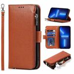 For iPhone 13 Pro Max Microfiber Zipper Horizontal Flip Leather Case with Holder & Card Slots & Wallet (Brown)