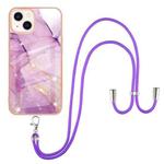 For iPhone 13 mini Electroplating Marble Pattern IMD TPU Shockproof Case with Neck Lanyard (Purple 001)