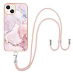 For iPhone 13 mini Electroplating Marble Pattern IMD TPU Shockproof Case with Neck Lanyard (Rose Gold 005)