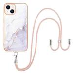 For iPhone 13 mini Electroplating Marble Pattern IMD TPU Shockproof Case with Neck Lanyard (White 006)