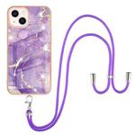 For iPhone 13 Electroplating Marble Pattern IMD TPU Shockproof Case with Neck Lanyard(Purple 002)