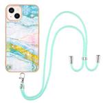 For iPhone 13 Electroplating Marble Pattern IMD TPU Shockproof Case with Neck Lanyard(Green 004)