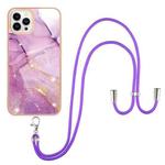 For iPhone 13 Pro Electroplating Marble Pattern IMD TPU Shockproof Case with Neck Lanyard (Purple 001)