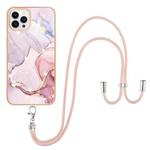 For iPhone 13 Pro Electroplating Marble Pattern IMD TPU Shockproof Case with Neck Lanyard (Rose Gold 005)