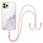 For iPhone 13 Pro Max Electroplating Marble Pattern IMD TPU Shockproof Case with Neck Lanyard (White 006)