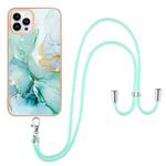 For iPhone 13 Pro Max Electroplating Marble Pattern IMD TPU Shockproof Case with Neck Lanyard (Green 003)