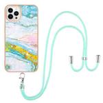 For iPhone 13 Pro Max Electroplating Marble Pattern IMD TPU Shockproof Case with Neck Lanyard (Green 004)
