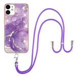 For iPhone 12 / 12 Pro Electroplating Marble Pattern IMD TPU Shockproof Case with Neck Lanyard(Purple 002)