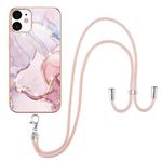 For iPhone 12 / 12 Pro Electroplating Marble Pattern IMD TPU Shockproof Case with Neck Lanyard(Rose Gold 005)