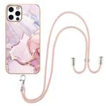 For iPhone 12 Pro Max Electroplating Marble Pattern IMD TPU Shockproof Case with Neck Lanyard(Rose Gold 005)