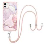 For iPhone 11 Electroplating Marble Pattern IMD TPU Shockproof Case with Neck Lanyard (Rose Gold 005)