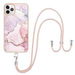 For iPhone 11 Pro Max Electroplating Marble Pattern IMD TPU Shockproof Case with Neck Lanyard (Rose Gold 005)