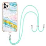 For iPhone 11 Pro Max Electroplating Marble Pattern IMD TPU Shockproof Case with Neck Lanyard (Green 004)