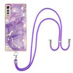 For LG Velvet 4G / 5G / G9 Electroplating Marble Pattern IMD TPU Shockproof Case with Neck Lanyard(Purple 002)