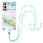 For Motorola Edge 20 Electroplating Marble Pattern IMD TPU Shockproof Case with Neck Lanyard(Green 004)