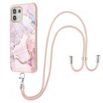 For Motorola Edge 20 Lite Electroplating Marble Pattern IMD TPU Shockproof Case with Neck Lanyard(Rose Gold 005)