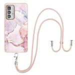 For Motorola Edge 20 Pro Electroplating Marble Pattern IMD TPU Shockproof Case with Neck Lanyard(Rose Gold 005)