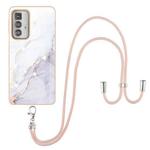 For Motorola Edge 20 Pro Electroplating Marble Pattern IMD TPU Shockproof Case with Neck Lanyard(White 006)