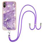 For Xiaomi Redmi 9A Electroplating Marble Pattern IMD TPU Shockproof Case with Neck Lanyard(Purple 002)