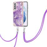 For Samsung Galaxy S21 5G Electroplating Marble Pattern IMD TPU Shockproof Case with Neck Lanyard(Purple 002)