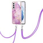 For Samsung Galaxy S21 5G Electroplating Marble Pattern IMD TPU Shockproof Case with Neck Lanyard(Purple 001)