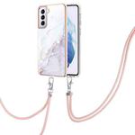 For Samsung Galaxy S21 5G Electroplating Marble Pattern IMD TPU Shockproof Case with Neck Lanyard(White 006)