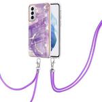 For Samsung Galaxy S21+ 5G Electroplating Marble Pattern IMD TPU Shockproof Case with Neck Lanyard(Purple 002)