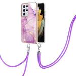 For Samsung Galaxy S21 Ultra 5G Electroplating Marble Pattern IMD TPU Shockproof Case with Neck Lanyard(Purple 001)