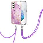 For Samsung Galaxy S21 FE 5G Electroplating Marble Pattern IMD TPU Shockproof Case with Neck Lanyard(Purple 001)