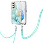 For Samsung Galaxy S21 FE 5G Electroplating Marble Pattern IMD TPU Shockproof Case with Neck Lanyard(Green 003)