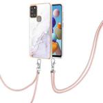 For Samsung Galaxy A21s Electroplating Marble Pattern IMD TPU Shockproof Case with Neck Lanyard(White 006)