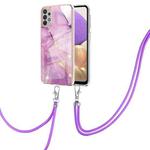 For Samsung Galaxy A32 5G Electroplating Marble Pattern IMD TPU Shockproof Case with Neck Lanyard(Purple 001)