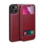 Yak Texture Horizontal Flip View Time Top Layer Cowhide Leather Case with Holder & Call Display ID For iPhone 13 mini(Wine Red)